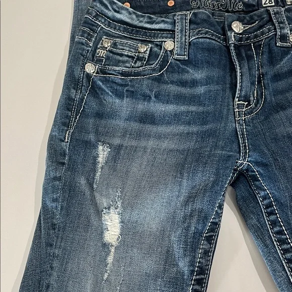 Miss Me Distressed Skinny Jeans Medium Blue Wash Sz 28”/33” - Picture 3 of 14